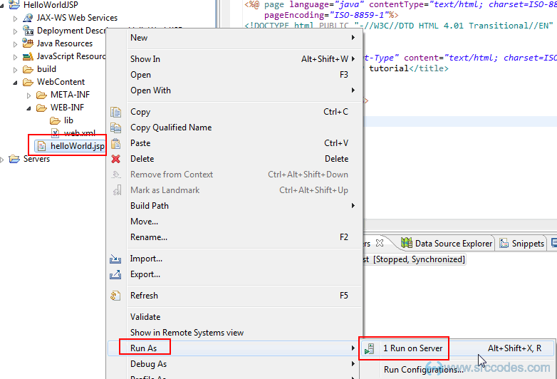 JSP Hello World Example using Eclipse IDE and Tomcat web server SrcCodes