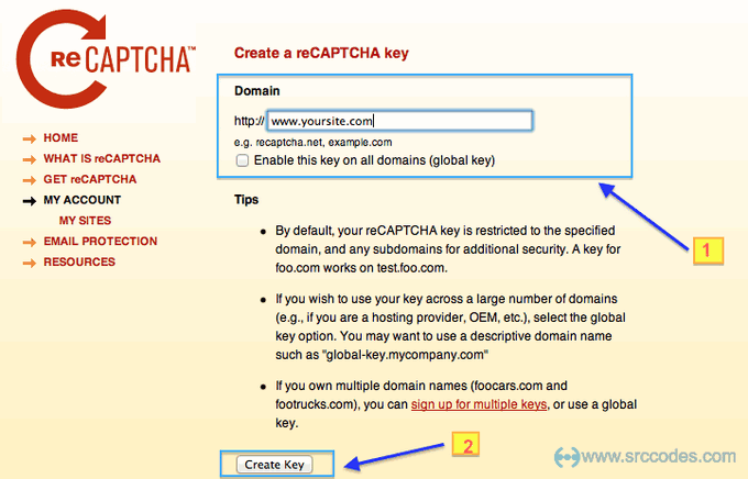 Create a reCAPTCHA key