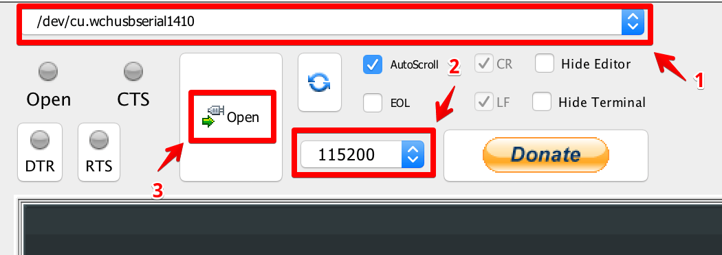 select port, baud rate and click Open button