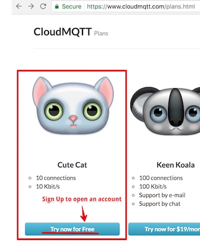 sign up for CloudMQTT Cute Cat plan