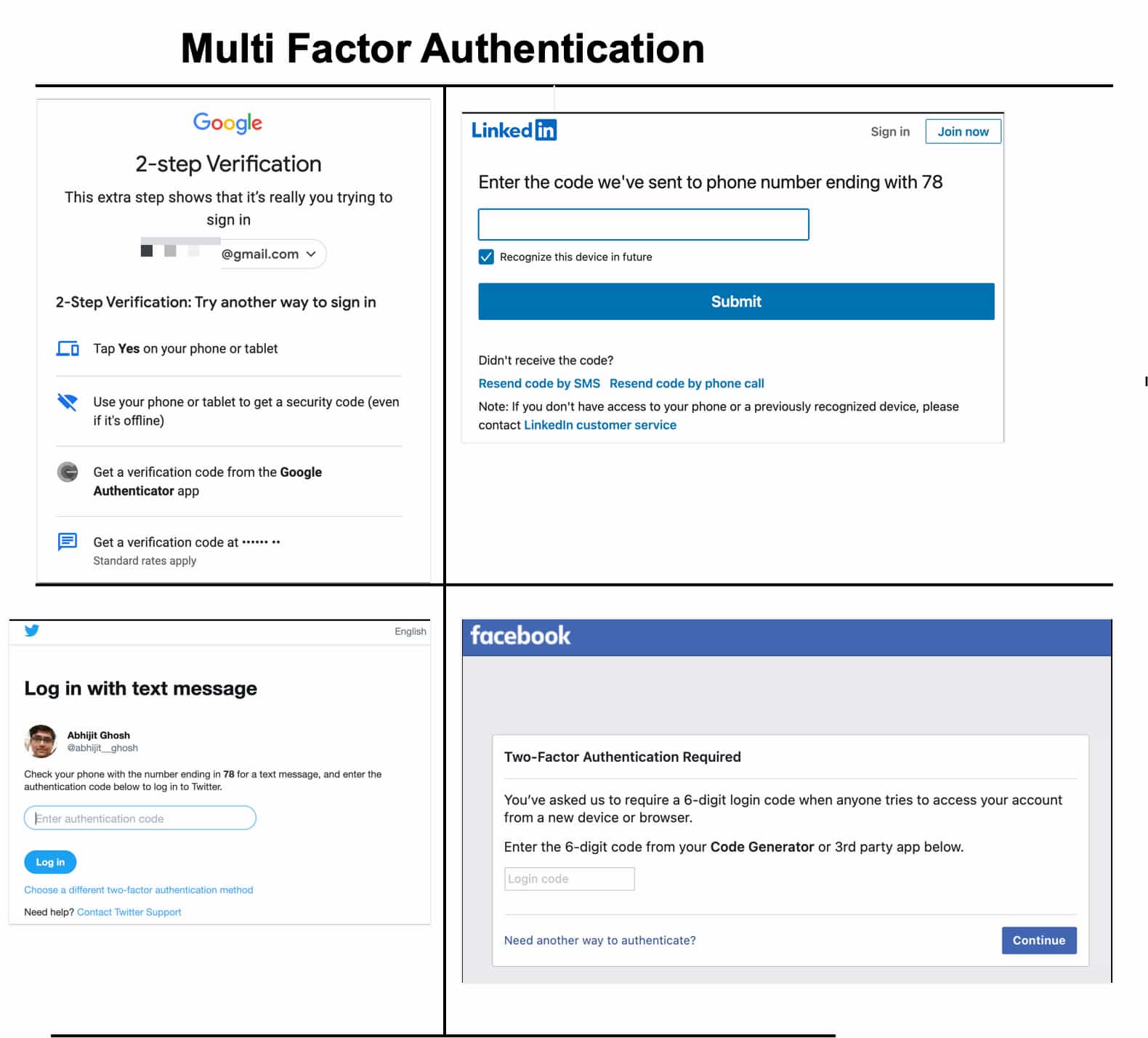 Multi-Factor Authentication (MFA) or 2-step verification - Gmail, Facebook, Twitter, LinkedIn
