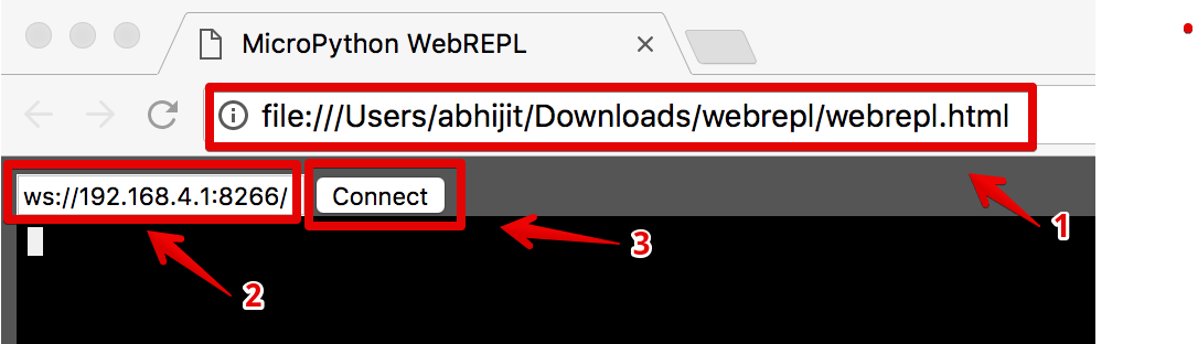 Open webrepl.html using Chrome or Firefox browser.Provide WebREPL url and connect