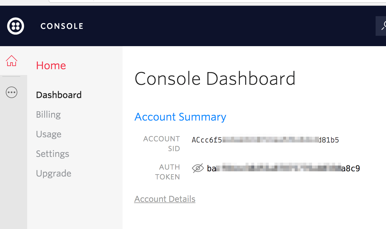Console Dashboard - ACCOUNT SID - AUTH TOKEN